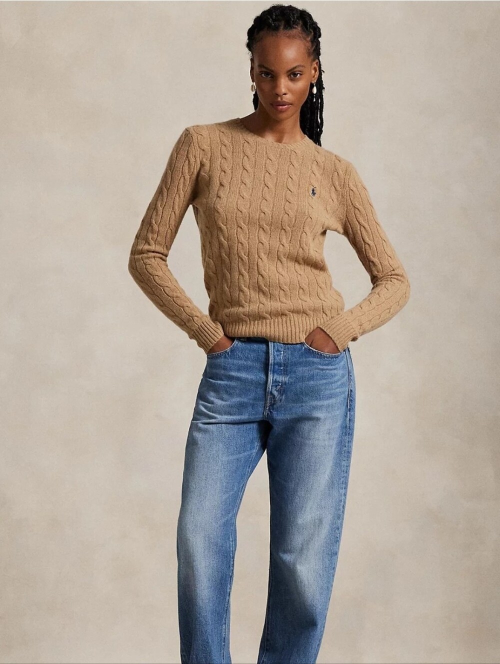 Polo Ralph Lauren Women Cable Knit Wool Cashmere Crewneck Sweater Camel - Picture 4 of 9
